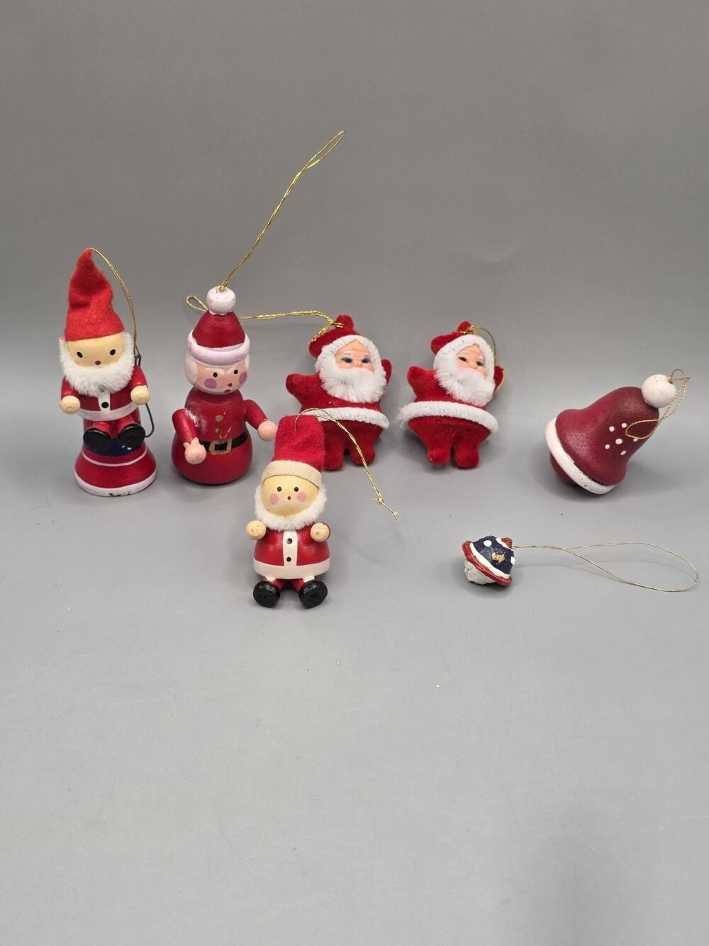 7pc Vintage Santa Christmas Ornaments Miniature Wooden Hand Painted Flocked MCM